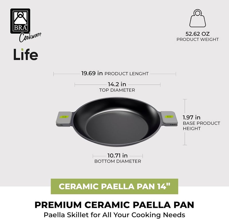 BRA COOKWARE Life Ceramic Nonstick Paella Pan | 14 Inch Recycled Aluminum Spanish Paellera | Ceramic Nonstick Wide Skillet | Oven Safe 425°F | PFOA Free Spanish Paella Skillet | All Cooktops - Image 2